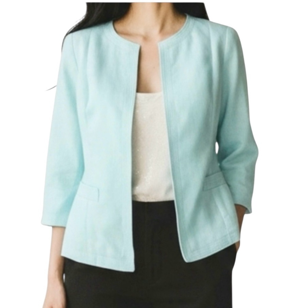 Talbots 100% Linen Blazer Jacket 3/4 Sleeve Aqua Blue Sz 8